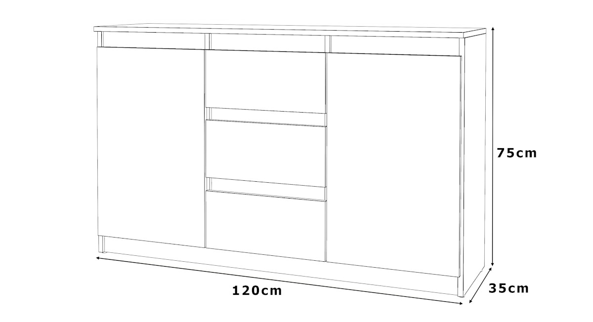 Szkic prezentujący zamkniętą komodę Agnes 120cm 2D 3SZ Otwarte